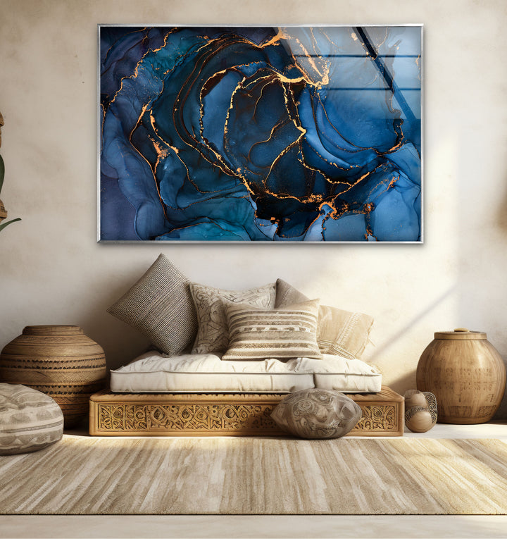 Midnight Blue Gold Abstract Wall Art – Luxury Fluid Ink Glass Print