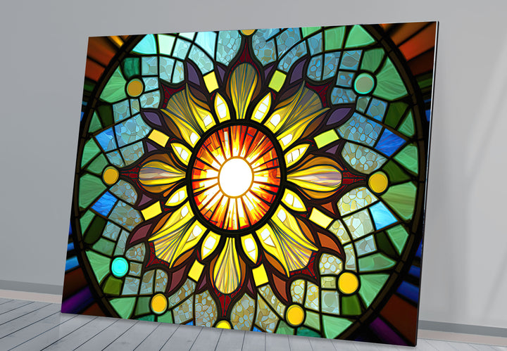 Strahlende Buntglas-Wandkunst mit Sonnenstrahlen – Buntes Mandala-Fensterpaneel 