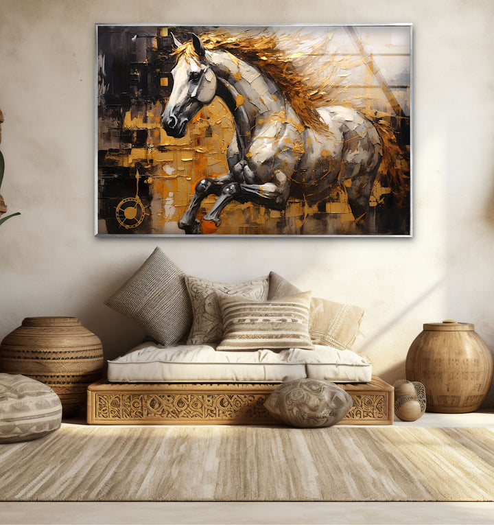 Golden Spirit Horse Wandkunst – Abstrakter Glasdruck mit rennendem Hengst