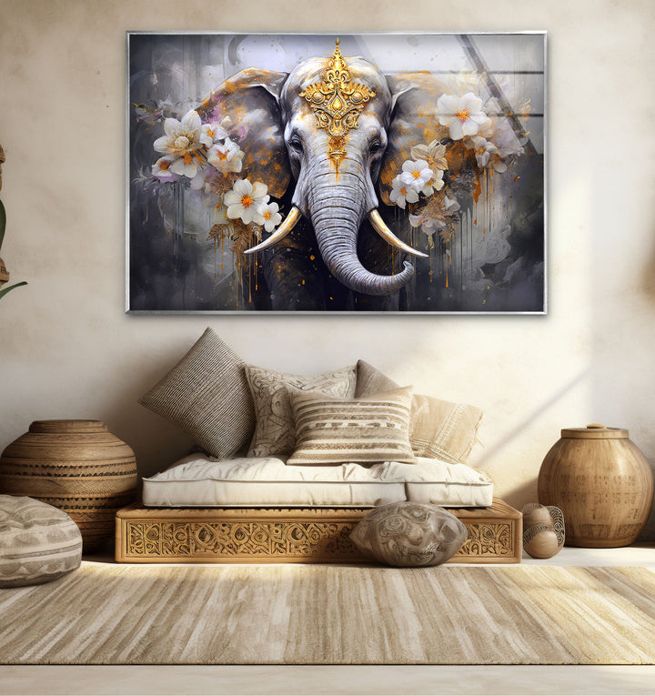 Regal Elephant Wall Art – Golden Floral Decor on Tempered Glass Panel