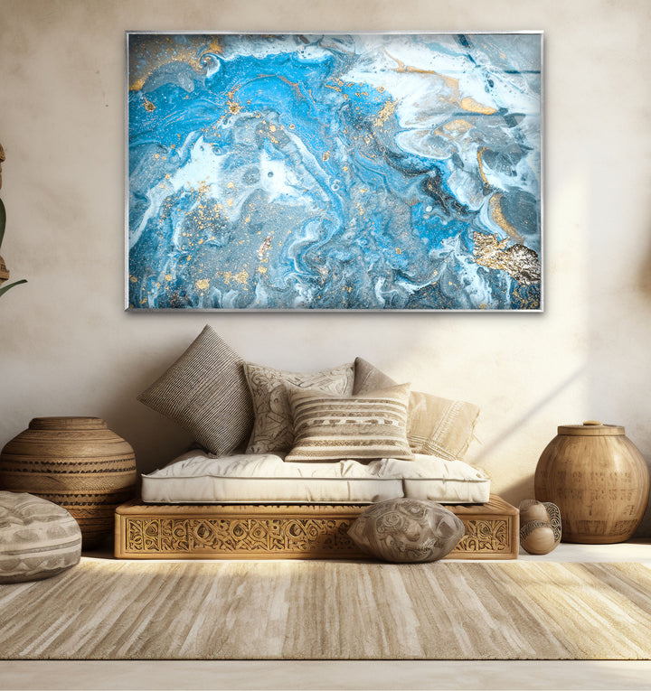 Blue Gold Ocean Marble Wall Art – Elegant Abstract Glass Print Decor