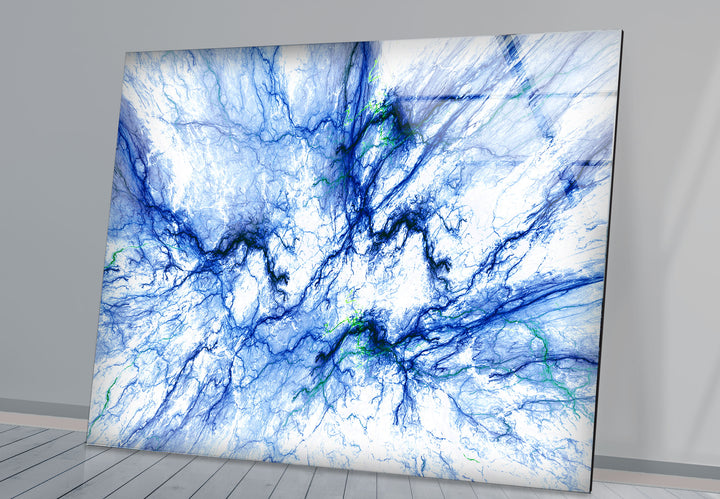 Electric Blue Vein Wall Art – Abstract Lightning-Inspired Glass Print