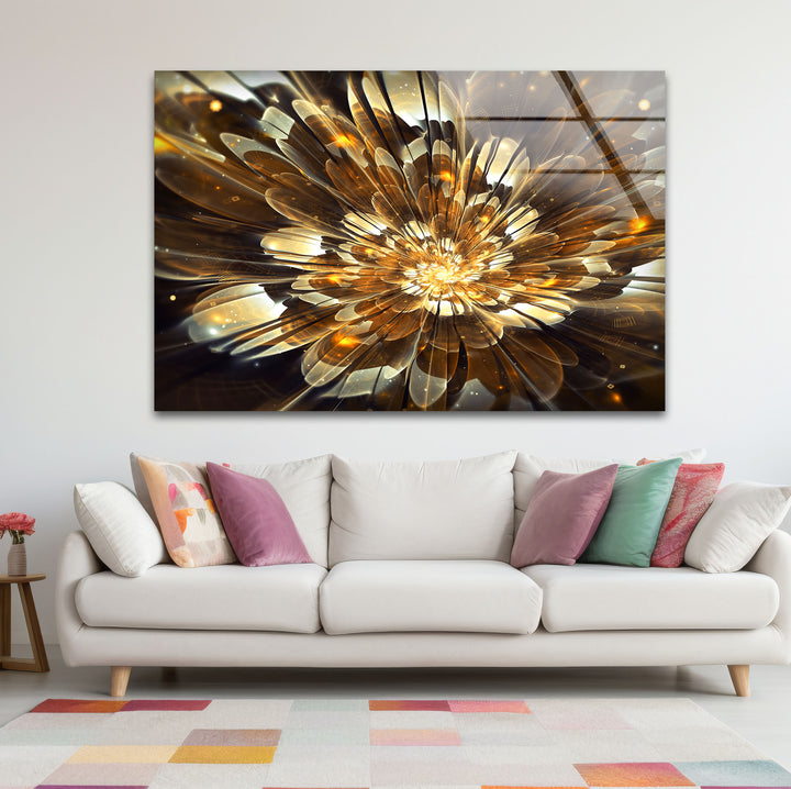 Golden Bloom Burst Wall Art – Radiant Abstract Flower Glass Print