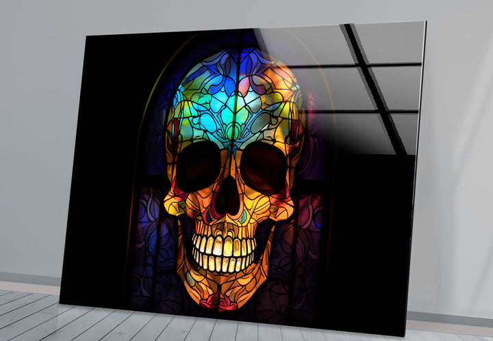 Gotischer Totenkopf Buntglas Wandkunst – Dunkles ästhetisches Fensterdesign, ausgefallene Wohndekoration 