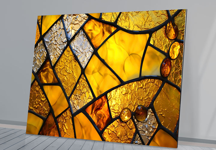 Goldene Buntglas-Wandkunst – Abstrakter strukturierter Glasdruck für Zuhause und Büro