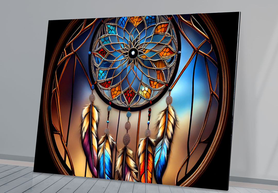 Dreamcatcher Stained Glass Wall Art – Boho Spirit Window Design, Tribal Home Decor
