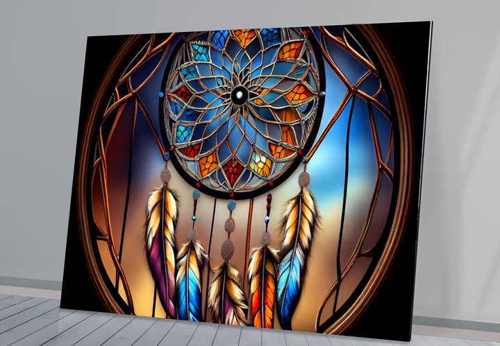 Dreamcatcher Stained Glass Wall Art – Boho Spirit Window Design, Tribal Home Decor