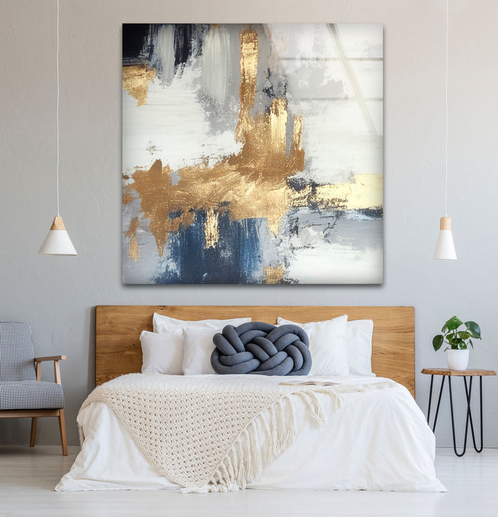 Navy Gold Brushstroke Wall Art – Modern Abstract Glass Print Décor