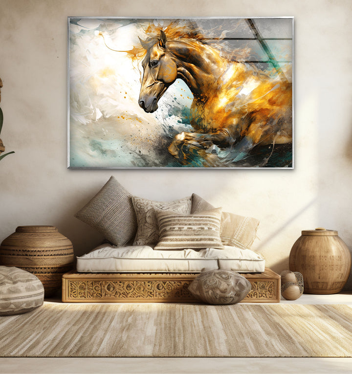 Golden Gallop Wandkunst – Majestätisches Pferd Abstraktes Glasdruckdekor