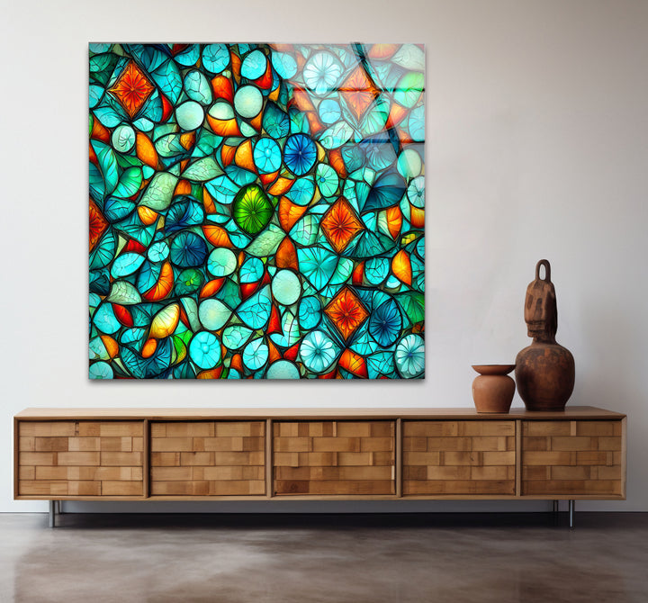 Lebendige Buntglas-Wandkunst – Abstraktes Mosaikmuster in Türkis und Orange
