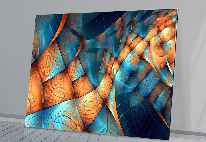Fraktale Wellen-Glaswandkunst – Blaues und oranges abstraktes Flussdesign für moderne Räume 