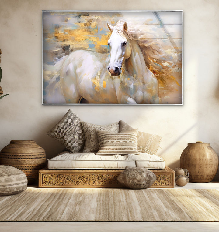 Majestic White Horse Wall Art – Abstract Glass Print for Modern Interiors