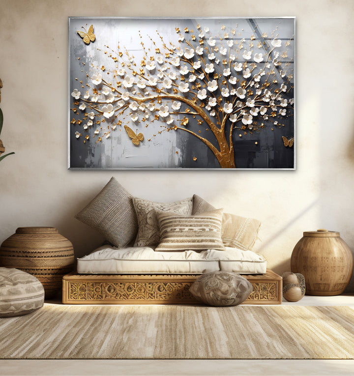 Golden Cherry Blossom Tree Wall Art – 3D Floral Glass Print with Butterflies
