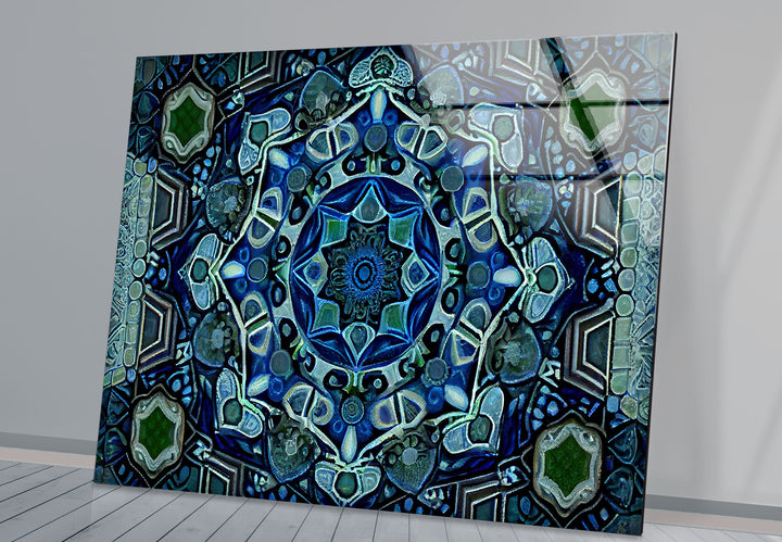 Blue Mandala Glass Wall Art – Intricate Geometric Design, Modern Home & Office Decor