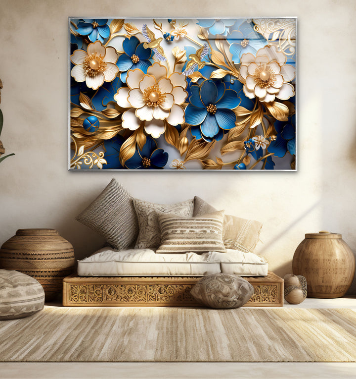 Elegante blau-goldene florale Wandkunst – 3D-Glasplatte für moderne Innenräume