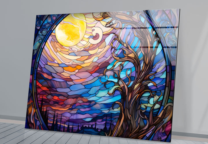 Mystic Moon Buntglas-Wandkunst – Verzauberter Baum &amp; Nachthimmel-Dekor