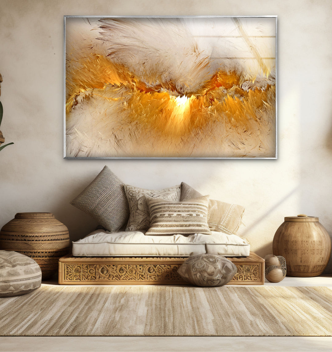 Golden Feather Storm Wall Art – Abstract Light Burst Glass Print