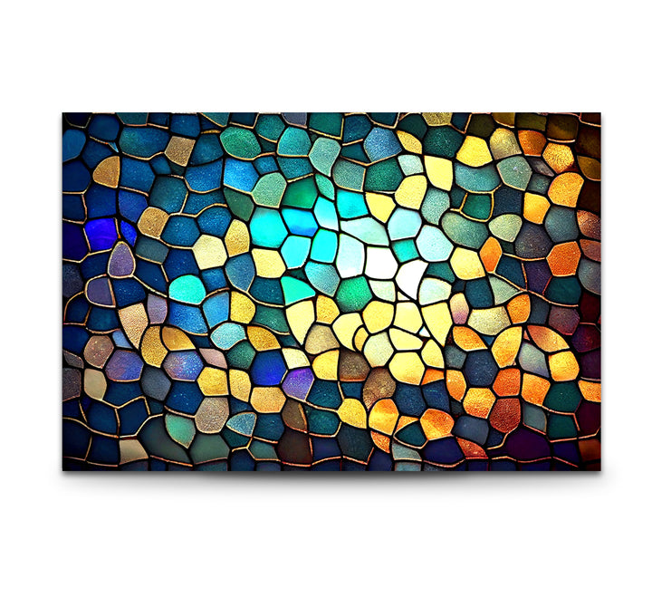 Moderne Wanddekoration aus Buntglas – Abstraktes Mosaikmuster in Blau und Gold