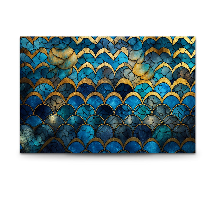 Blau-goldene Wellenmosaik-Glaskunst – Vom Meer inspirierte, rissige Textur 