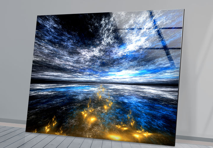 Celestial Ocean Light Wall Art – Abstract Blue and Gold Horizon Glass Print