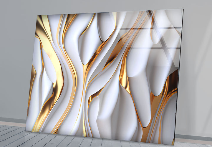 Gold White Abstract Wall Art – Luxury Fluid Texture Glass Print for Modern Interiors