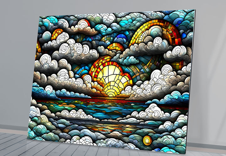 Stained Glass Sunrise Cloudscape Wall Art – Serene Horizon Decor