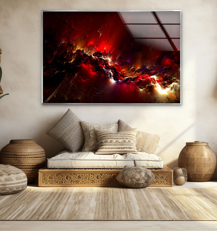 Crimson Nebula Wall Art – Fiery Red Abstract Galaxy Glass Print