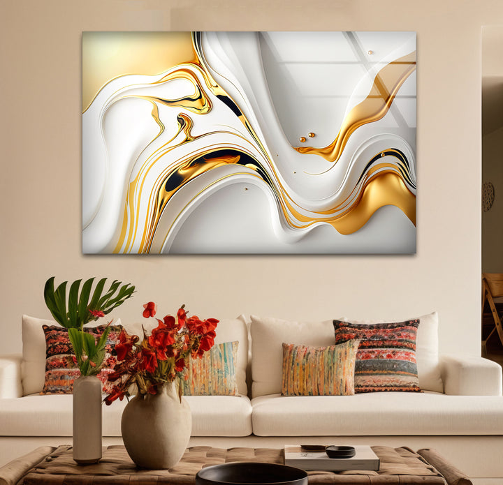 White Gold Fluid Wall Art – Modern Abstract Glass Print for Interior Elegance