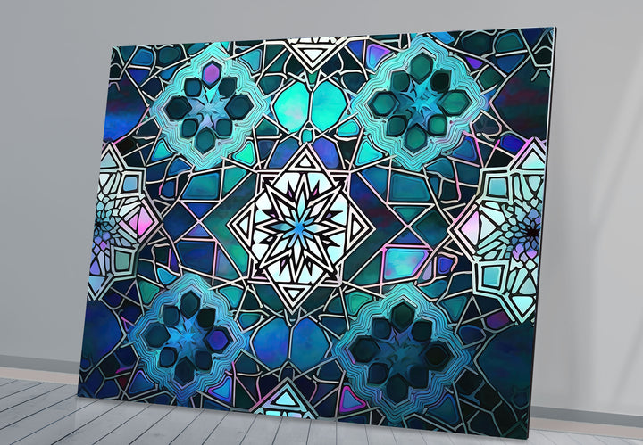 Blue Mosaic Star Glass Wall Art – Islamic Geometric Window Panel, Sacred Pattern Decor