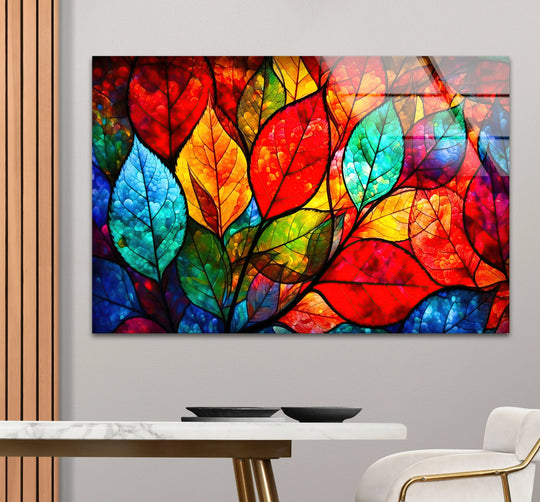 Vibrant Stained Glass Leaf Wall Art – Colorful Botanical Glass Decor - MyPhotoStation