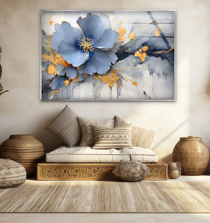 Blue Gold Blossom Wall Art – Elegant Floral Glass Print for Home Décor