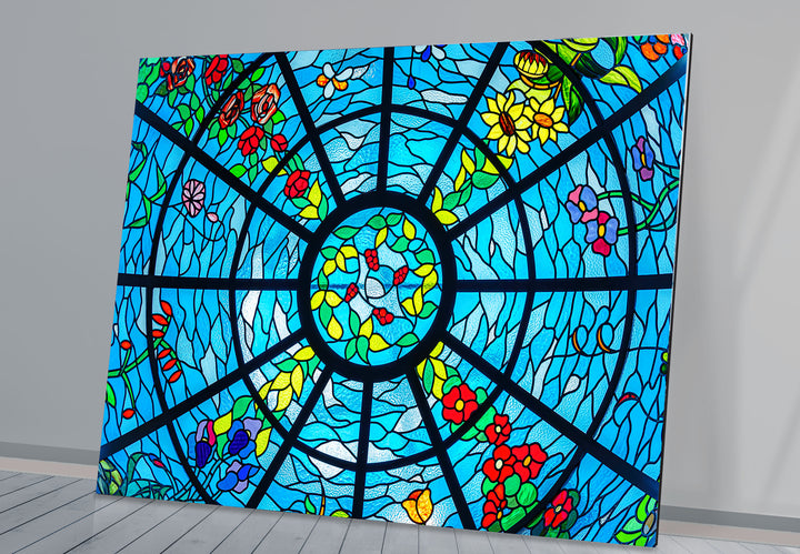 Blue Stained Glass Wall Art – Vibrant Floral & Ocean Window Design for Home & Office