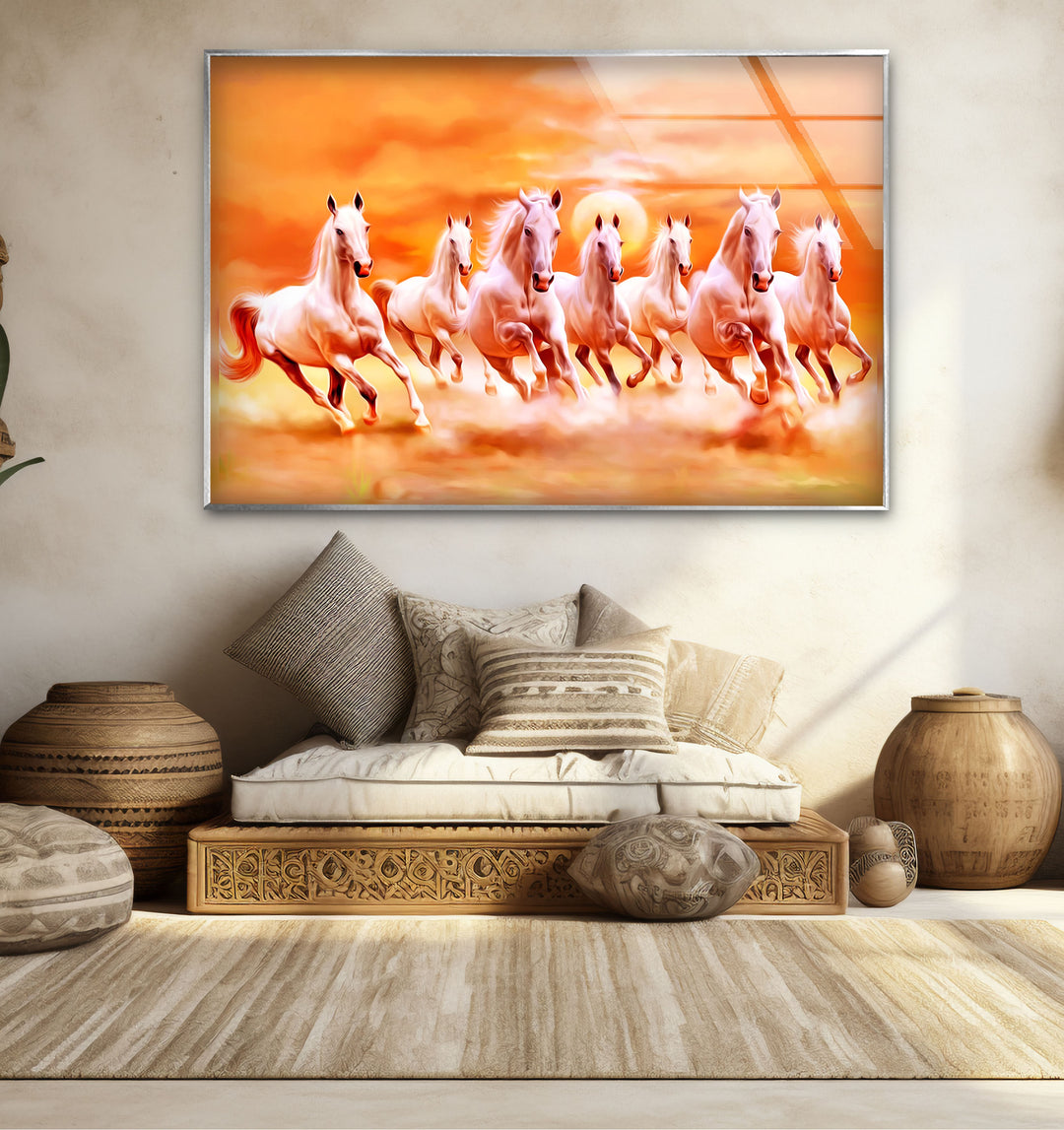 Wandkunst mit sieben laufenden Pferden – Spirituelle Sonnenaufgangsszene, Glasdruck