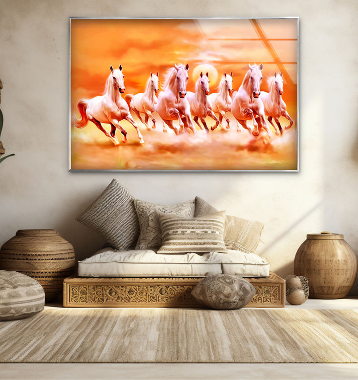 Wandkunst mit sieben laufenden Pferden – Spirituelle Sonnenaufgangsszene, Glasdruck