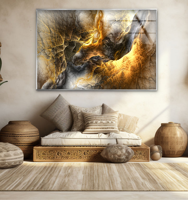 Golden Ember Cavern Wall Art – Textured Abstract Glass Print Decor