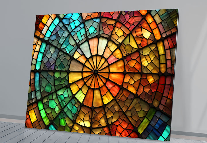 Radiant Wheel Mosaic Stained Glass Wall Art – Colorful Circular Window Decor