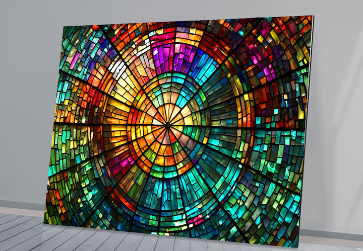 Strahlende Mosaik-Wandkunst aus Buntglas – Farbenfrohes, kreisförmiges Fensterdesign 