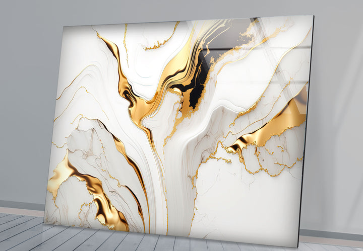 White Gold Marble Abstract Wall Art – Modern Luxury Glass Print for Elegant Interiors