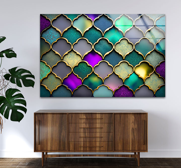 Moroccan Geometric Stained Glass Wall Art – Luxurious Gold & Teal Decor