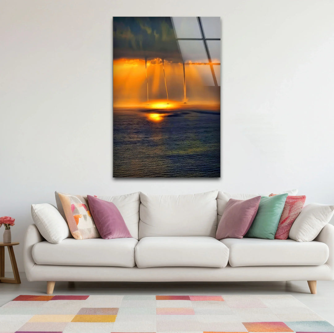 Golden Ocean Sunset with Rain Funnels – Dramatic Seascape Glass Wall Art - MyPhotoStation