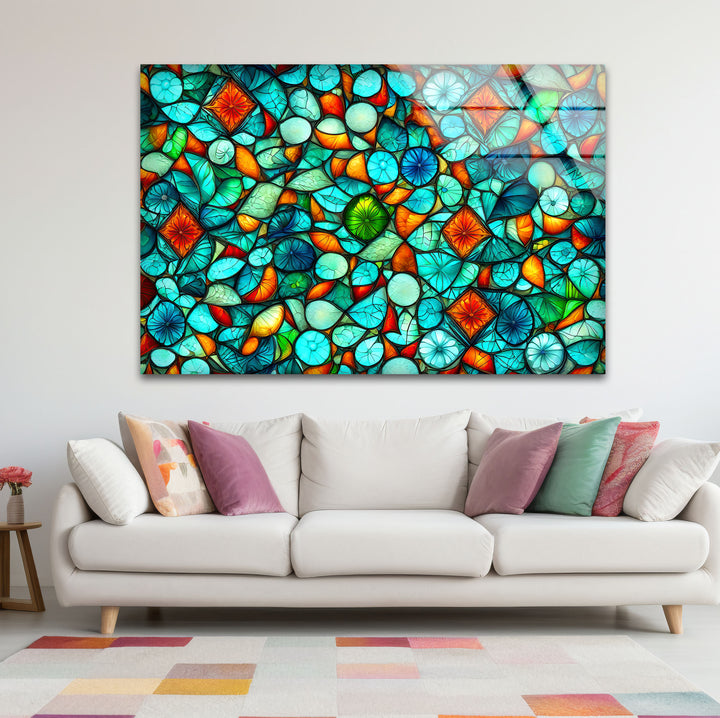 Lebendige Buntglas-Wandkunst – Abstraktes Mosaikmuster in Türkis und Orange
