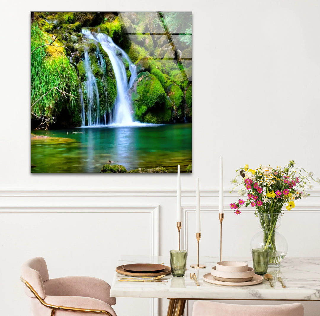 Forest Waterfall Wall Art – Serene Glass Landscape Print with Lush Green Moss and Crystal Clear Stream for Nature-Inspired Interiors - MyPhotoStation