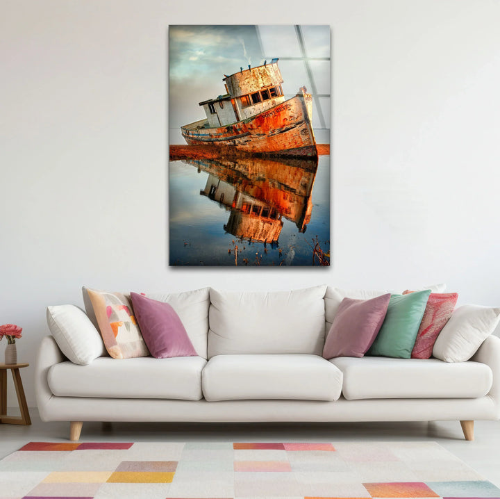 Rustic Abandoned Boat Glass Wall Art – Reflections of Time Nautical Print - MyPhotoStation