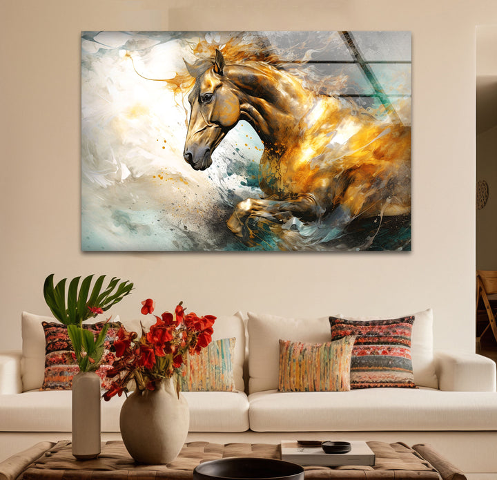 Golden Gallop Wandkunst – Majestätisches Pferd Abstraktes Glasdruckdekor