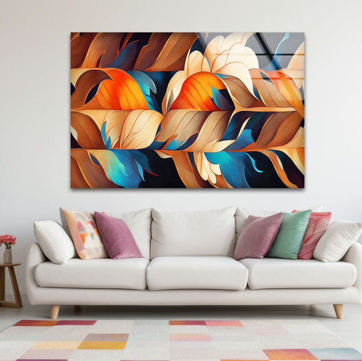 Abstract Feather Flow Glass Wall Art – Earthy Orange & Teal Nature Design