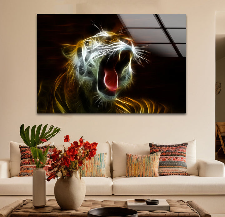 Electric Roar Tiger Wandkunst – Neon Wildtier Glasdruck Dekor