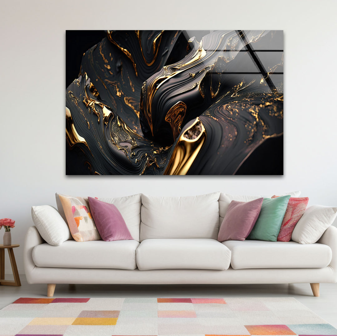 Black Gold Swirl Wall Art – Luxury Abstract Fluid Glass Print for Interiors