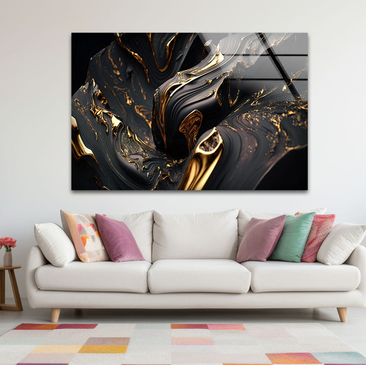 Black Gold Swirl Wall Art – Luxury Abstract Fluid Glass Print for Interiors