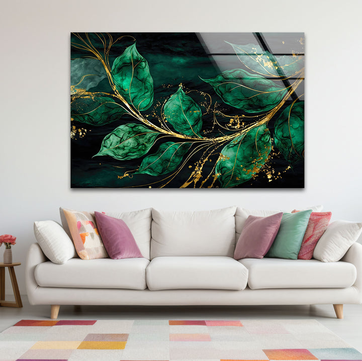 Smaragdgrüne und goldene Glaswandkunst – Elegantes botanisches Blattdesign