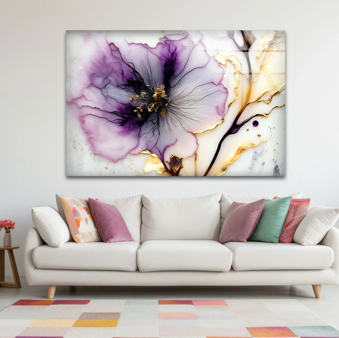 Purple and Gold Abstract Floral Wall Art – Luxury Glass Print for Elegant Interiors - MyPhotoStation